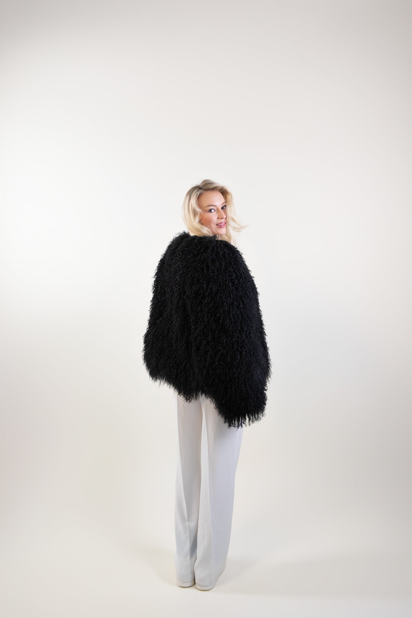 IN STOCK Mongolian Sheep Fur Coat, Black, Size L
