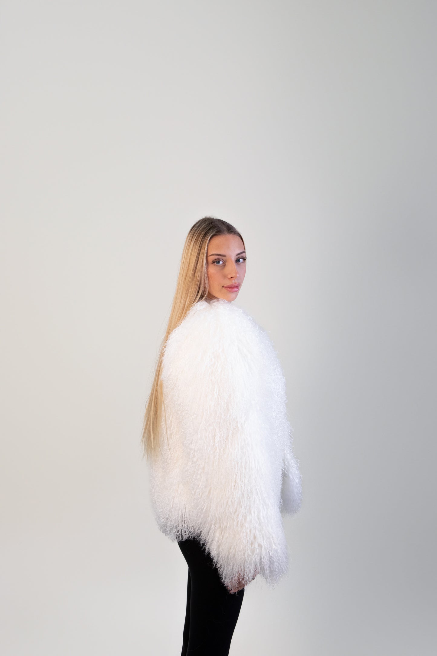 IN STOCK Mongolian Sheep Fur Coat, White, Size S