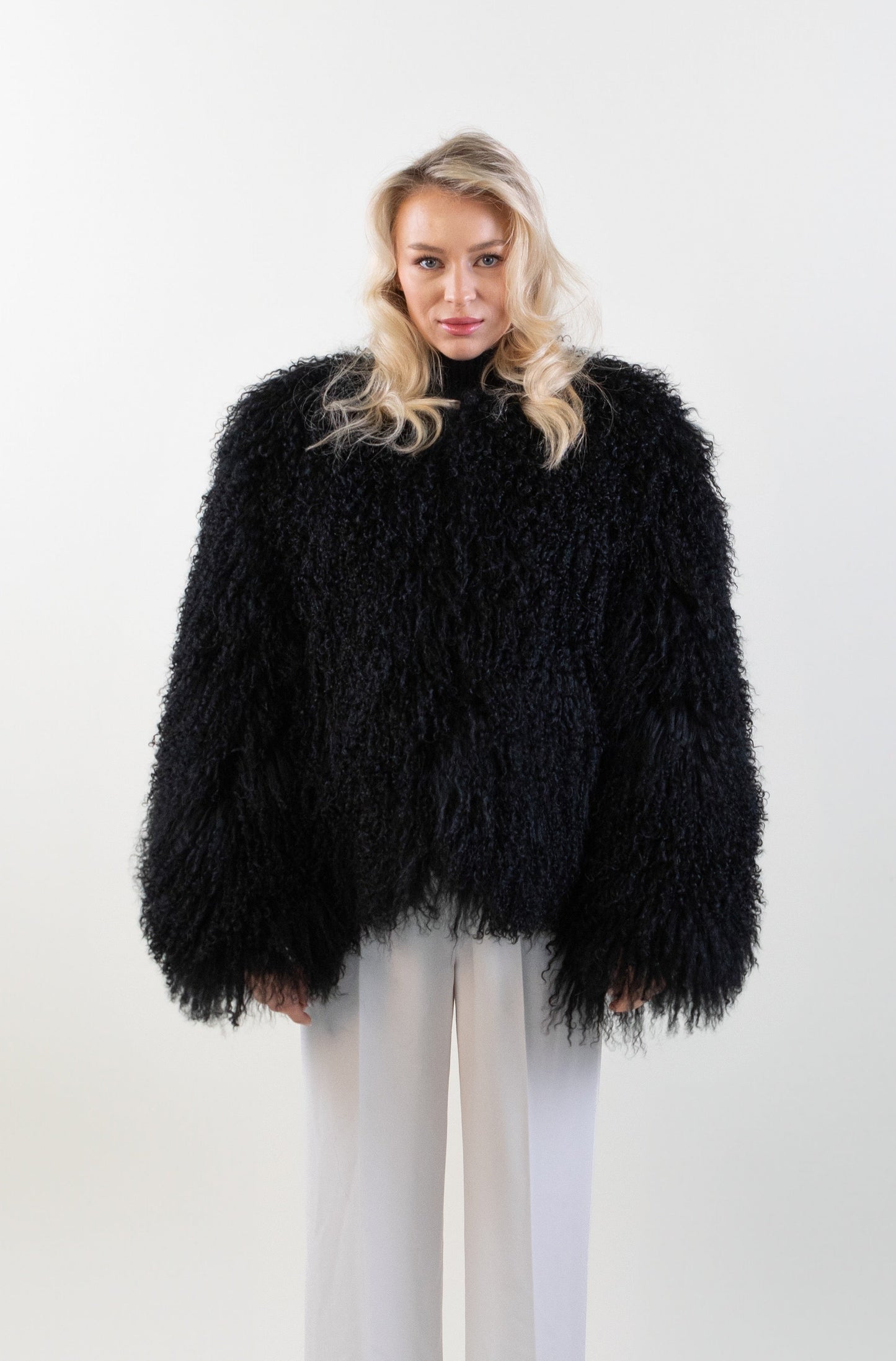 IN STOCK Mongolian Sheep Fur Coat, Black, Size L