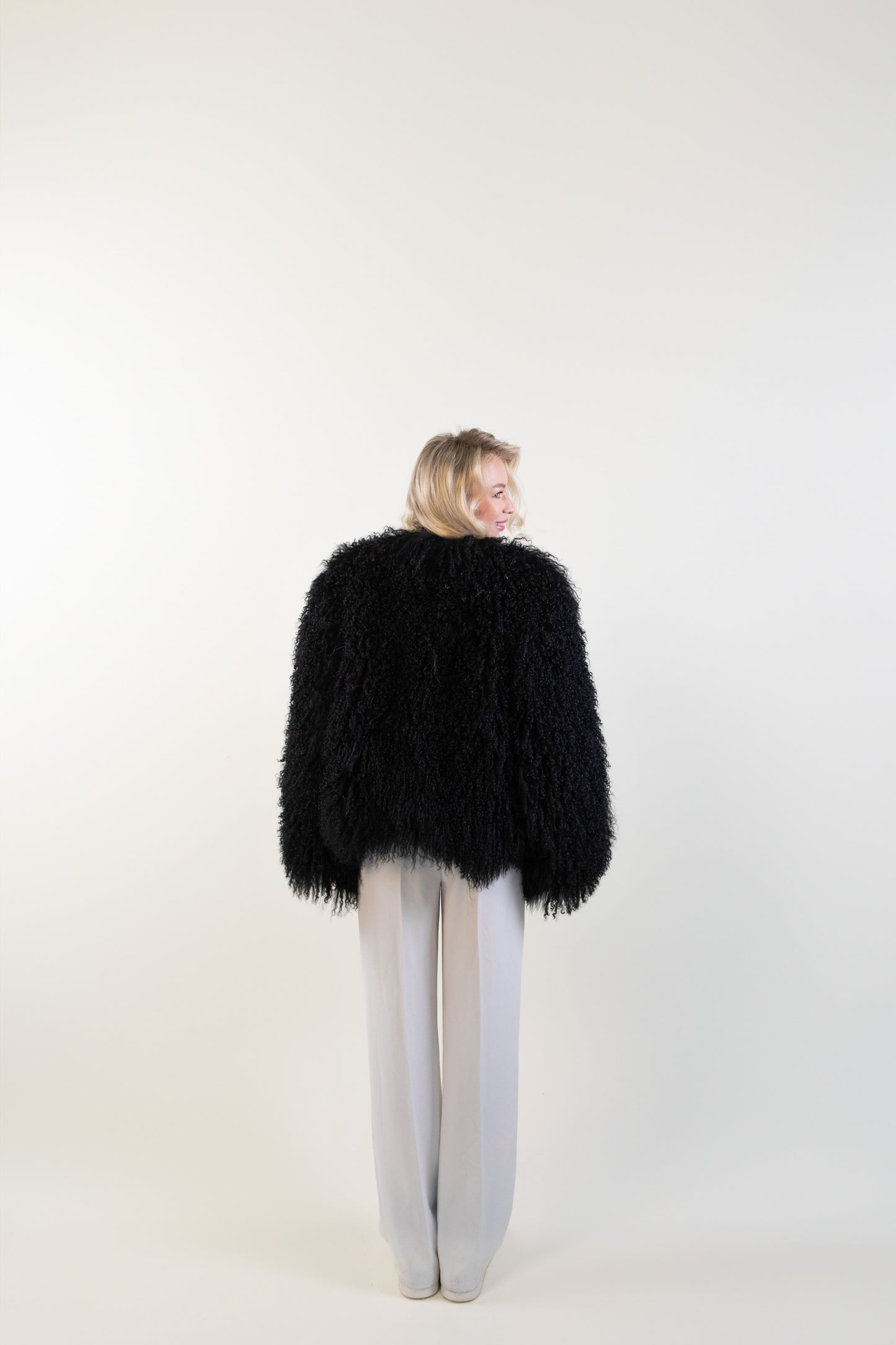 IN STOCK Mongolian Sheep Fur Coat, Black, Size L