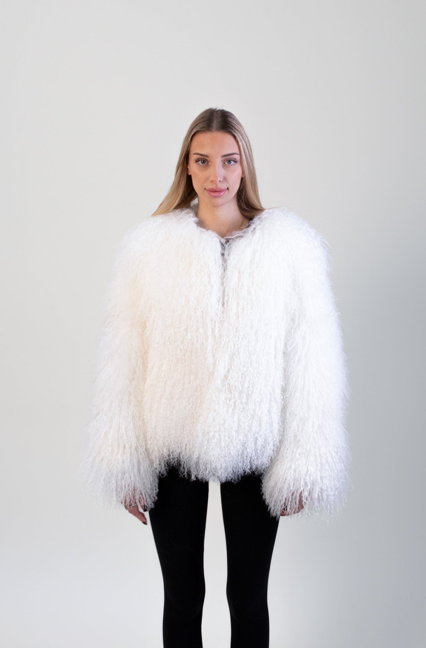 IN STOCK Mongolian Sheep Fur Coat, White, Size S