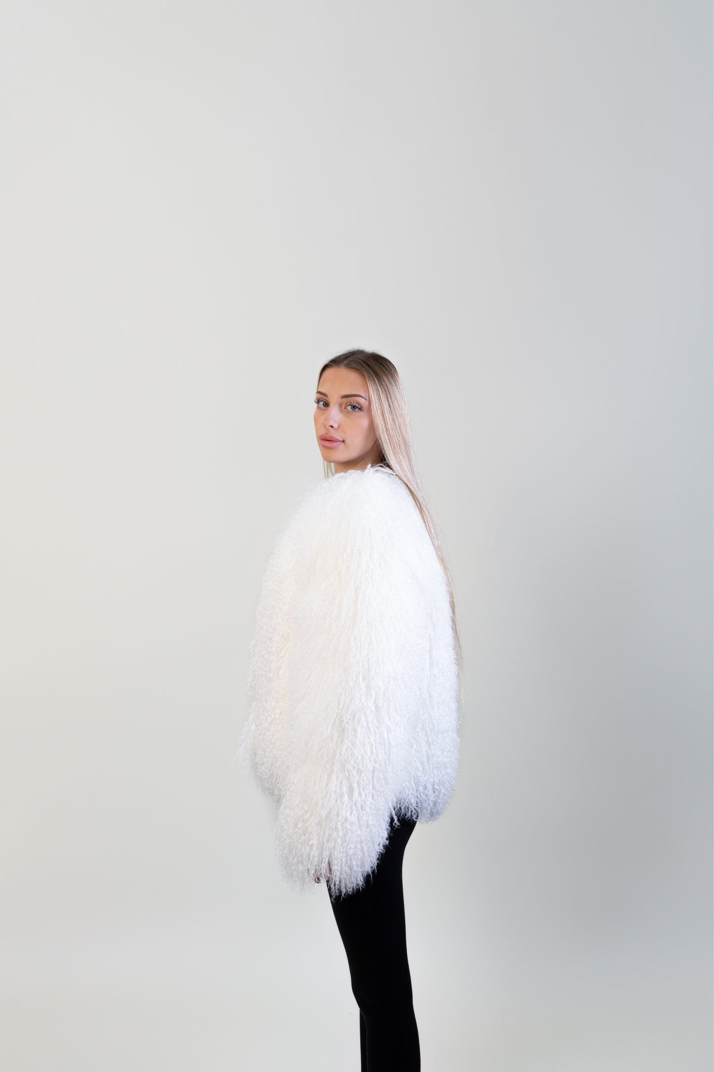 IN STOCK Mongolian Sheep Fur Coat, White, Size S